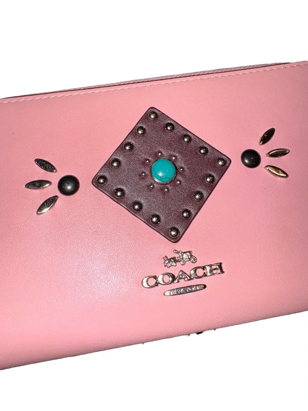 Coach Western Rivets Accordion Zip Wallet in pink